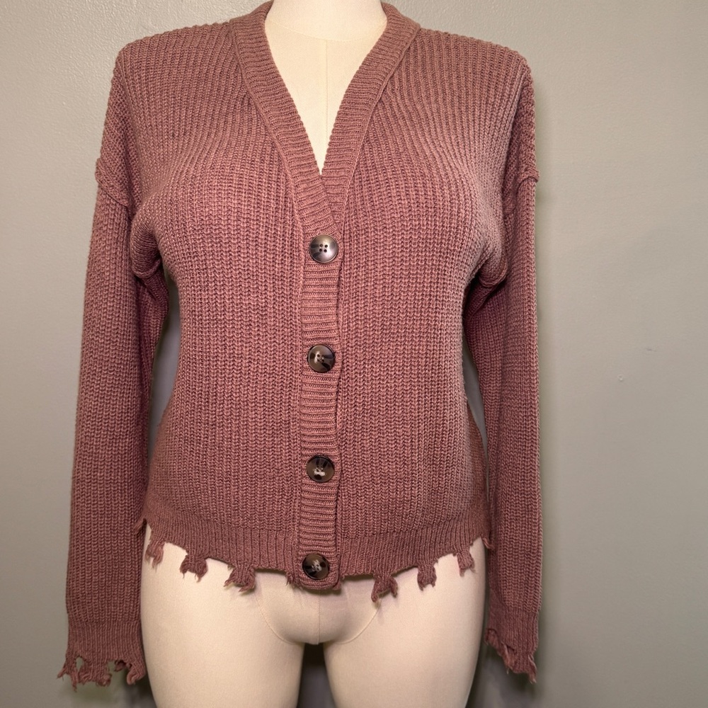 Maurices Solid Destructed Hem Button Down Up Card… - image 1